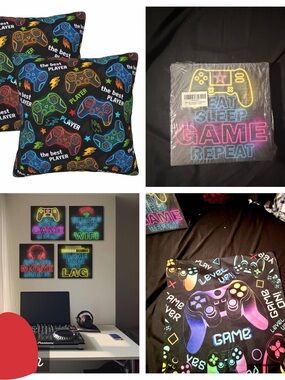 Gamer Neon Controller Pillow & Wall Art Set - Black with Multicolor Controllers